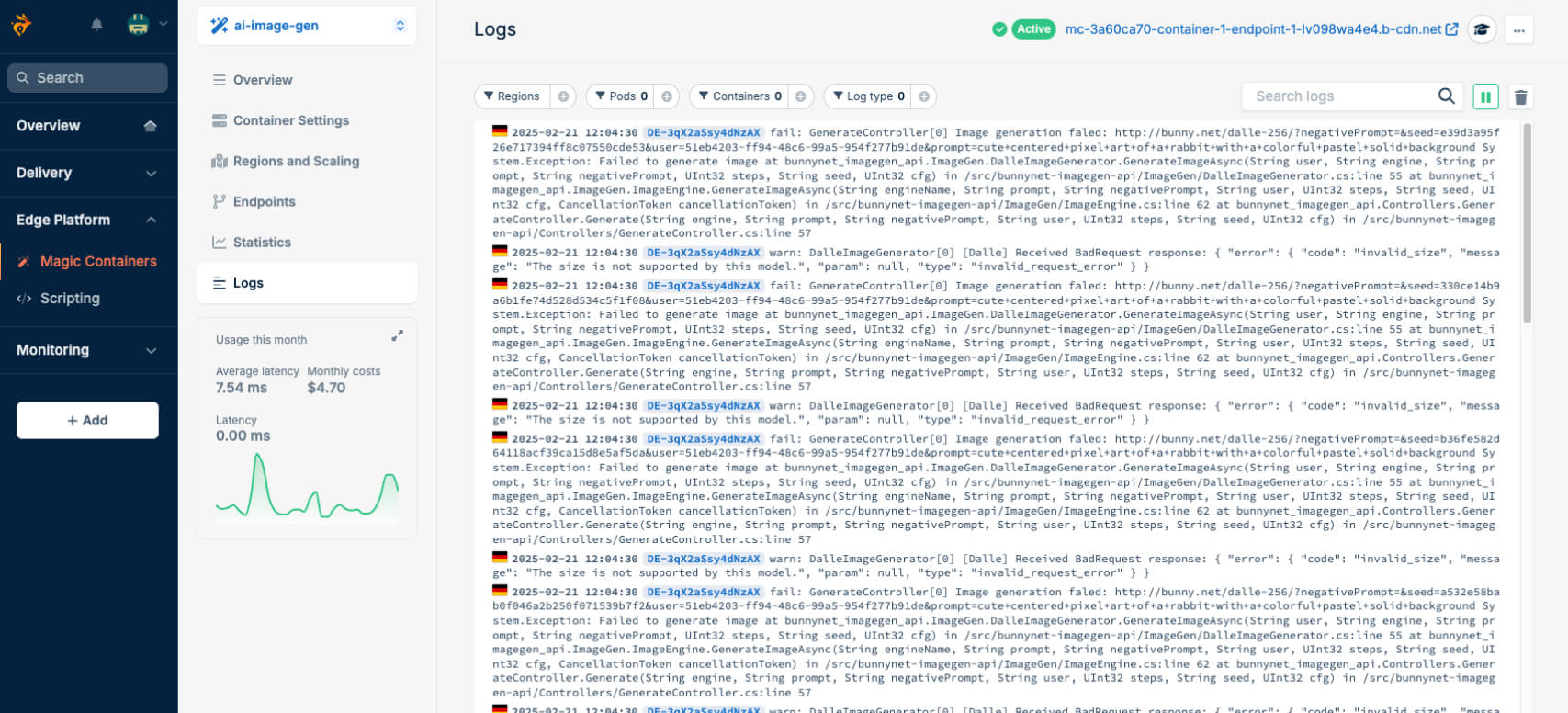 Magic Containers Real-time Logging